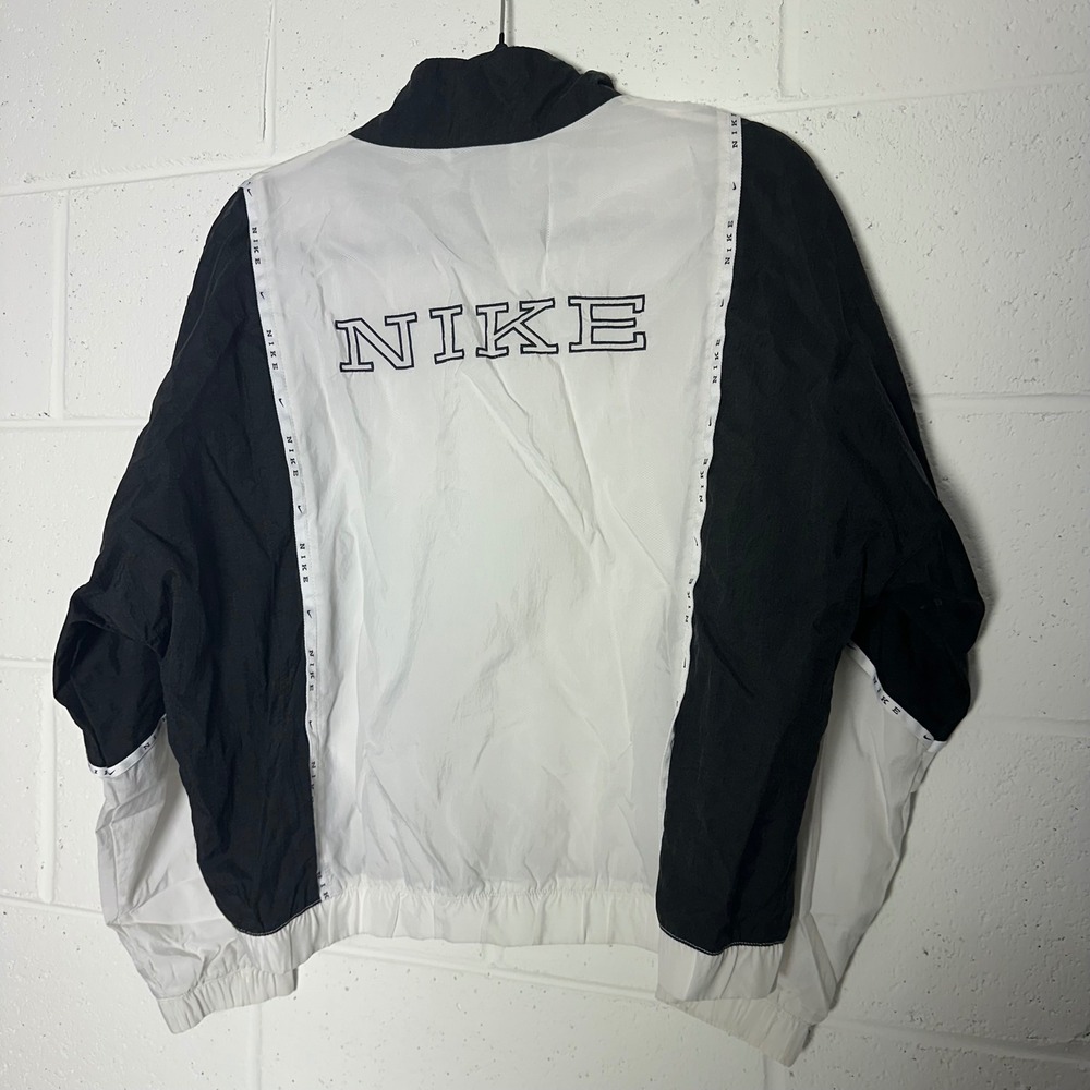 Nike Womens Sportswear Windbreaker Jacket Black‎ White Logo Tape Spellout Small - Picture 2 of 5